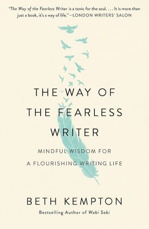 Cover of Way of the Fearless Writer by Beth Kempton. On a cream background, gray title text with a blue quill which dissolves into birds towards the top. Sure are a lot of birds in these covers.