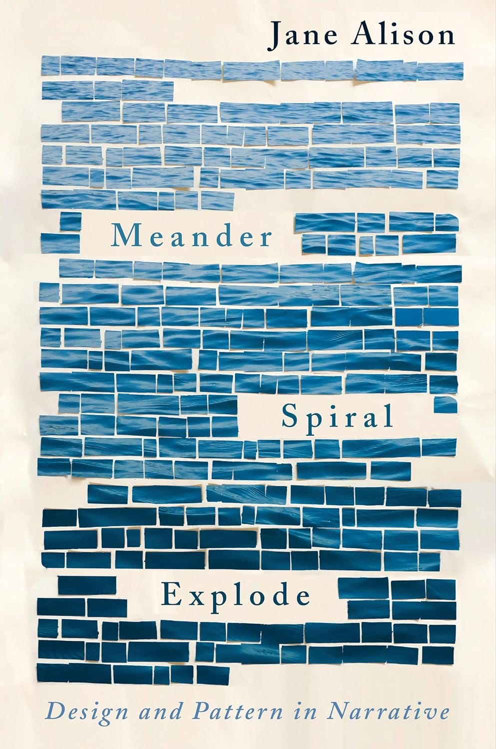 a cream colored background against which a patter of blue rectangles is set in imitation of text