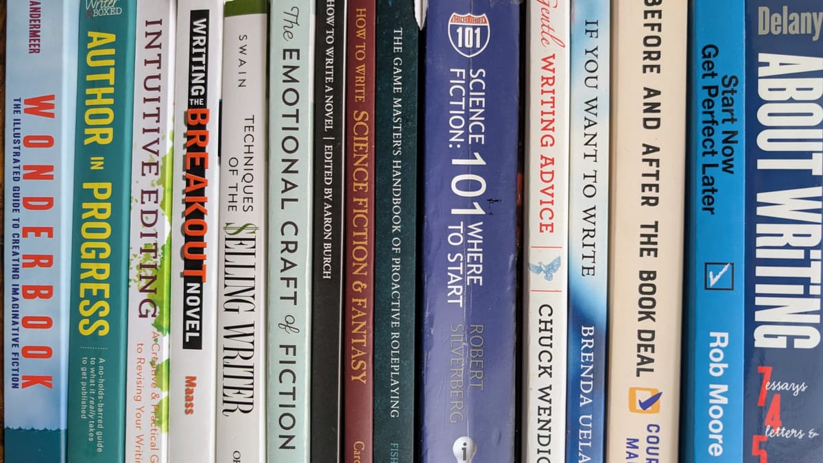 A row of the spines of various writing books. 