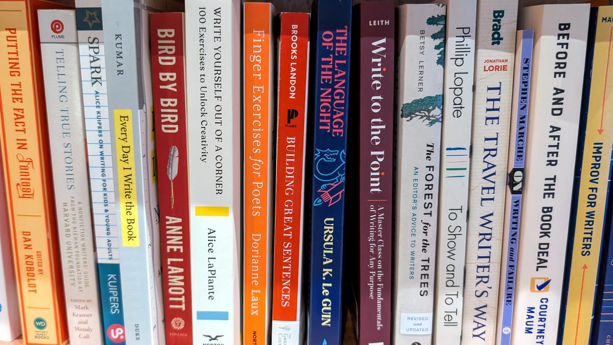 A bookshelf of writing books, spines out. Mostly white and orange/red for some reason.