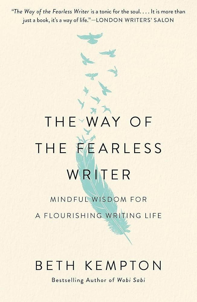 Cover of Way of the Fearless Writer by Beth Kempton. On a cream background, gray title text with a blue quill which dissolves into birds towards the top.