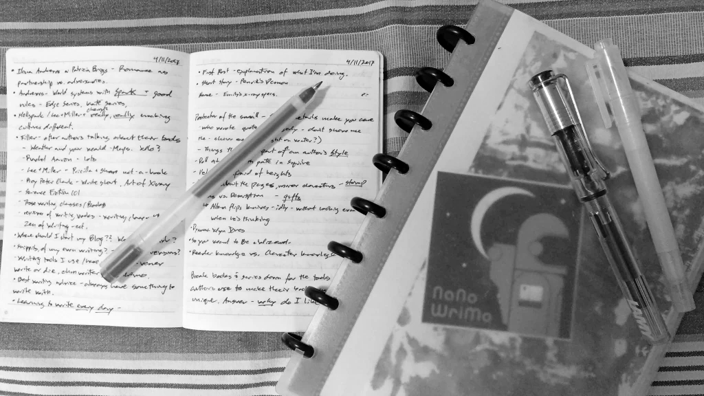 Two notebooks on a striped table cloth. One is open with a pen across it. The other is closed, ring bound, has a nanowrimo sticker, a fountain pen and a highlighter on it.