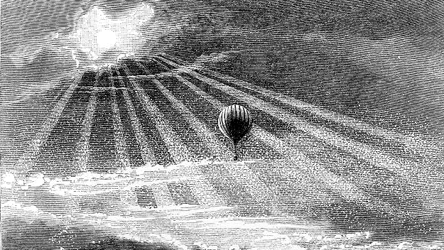 Black and white engraving, a hot air balloon rises towars the sky with god rays coming down from the clouds.