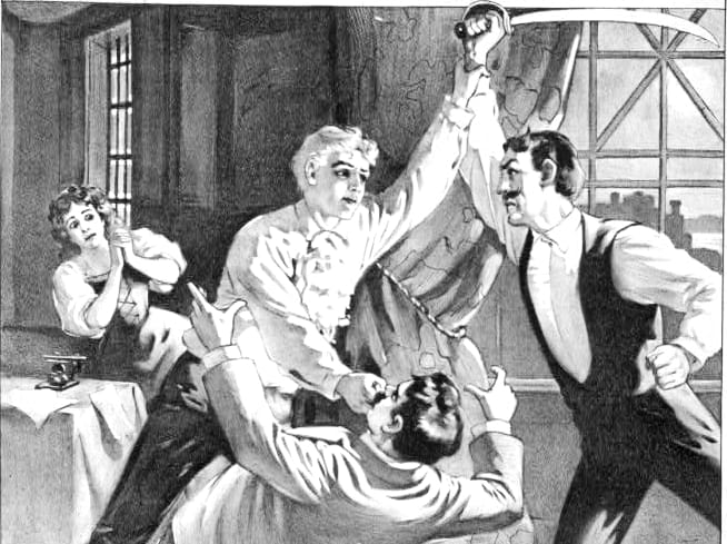 From play poster, three men fight with one holding a saber blocked by the secon who is punching the third. In the background a woman looks worried. See end of article for photo credit.