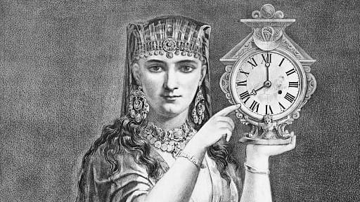 A woman in psudo egyptian garb holds an ornate clock in her hand and points to the time, 8 o'clock. Image credit below.